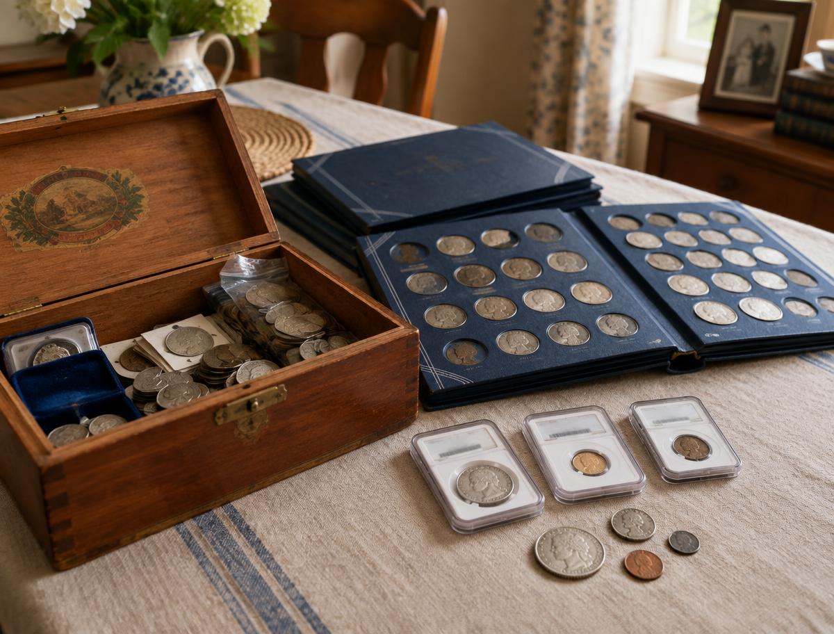 An inherited coin collection with coin folders, a wooden box of old coins, and graded coins