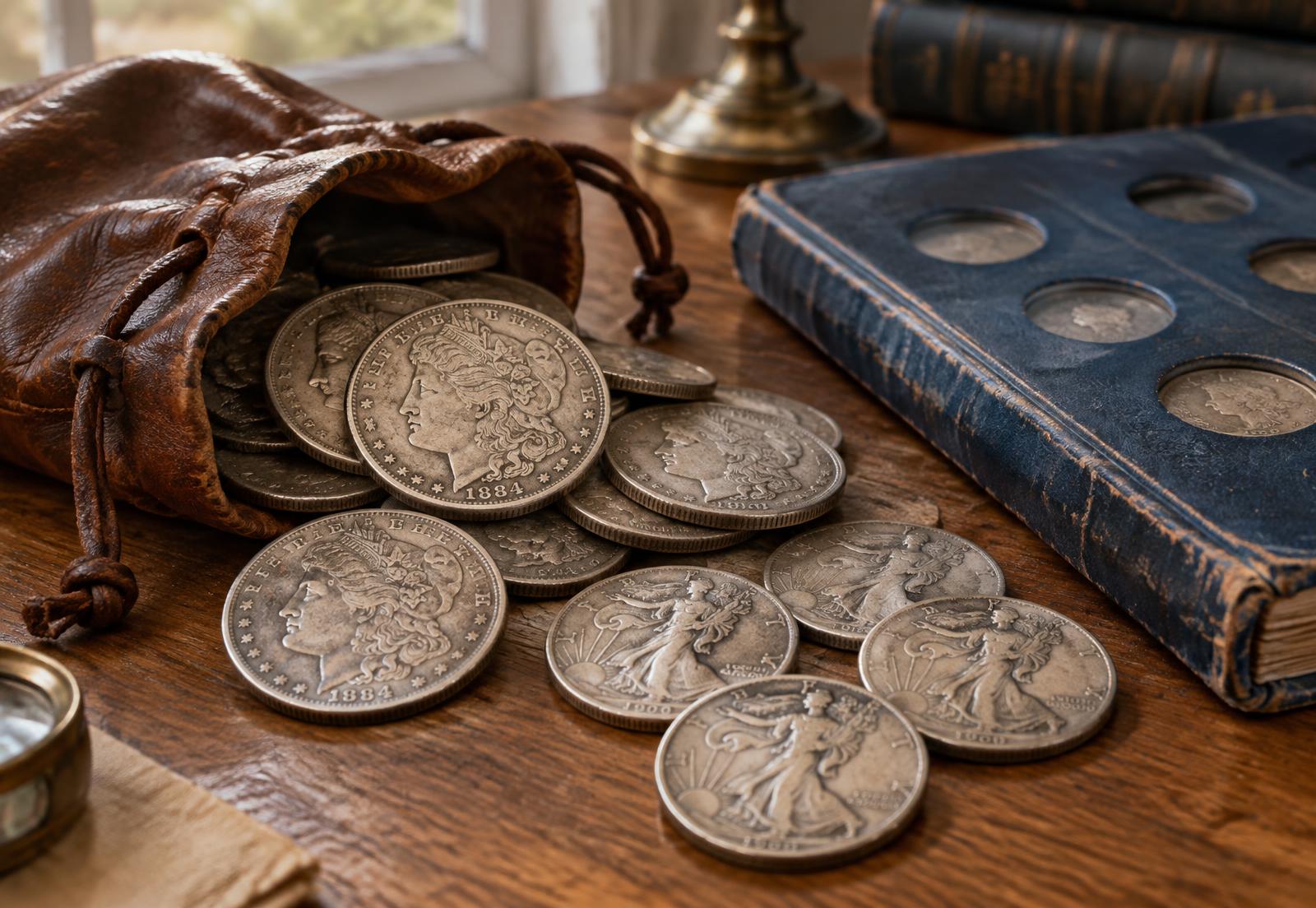 Morgan silver dollars and Walking Liberty half dollars beside an old coin album